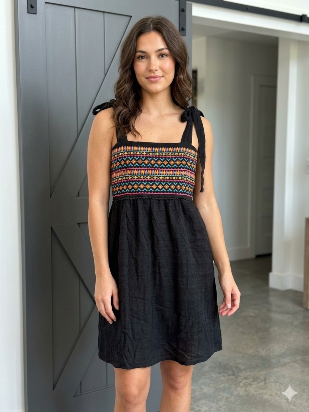 Savanna Jane 100% Cotton Black Tie-Shoulder Embroidered Mini Dress